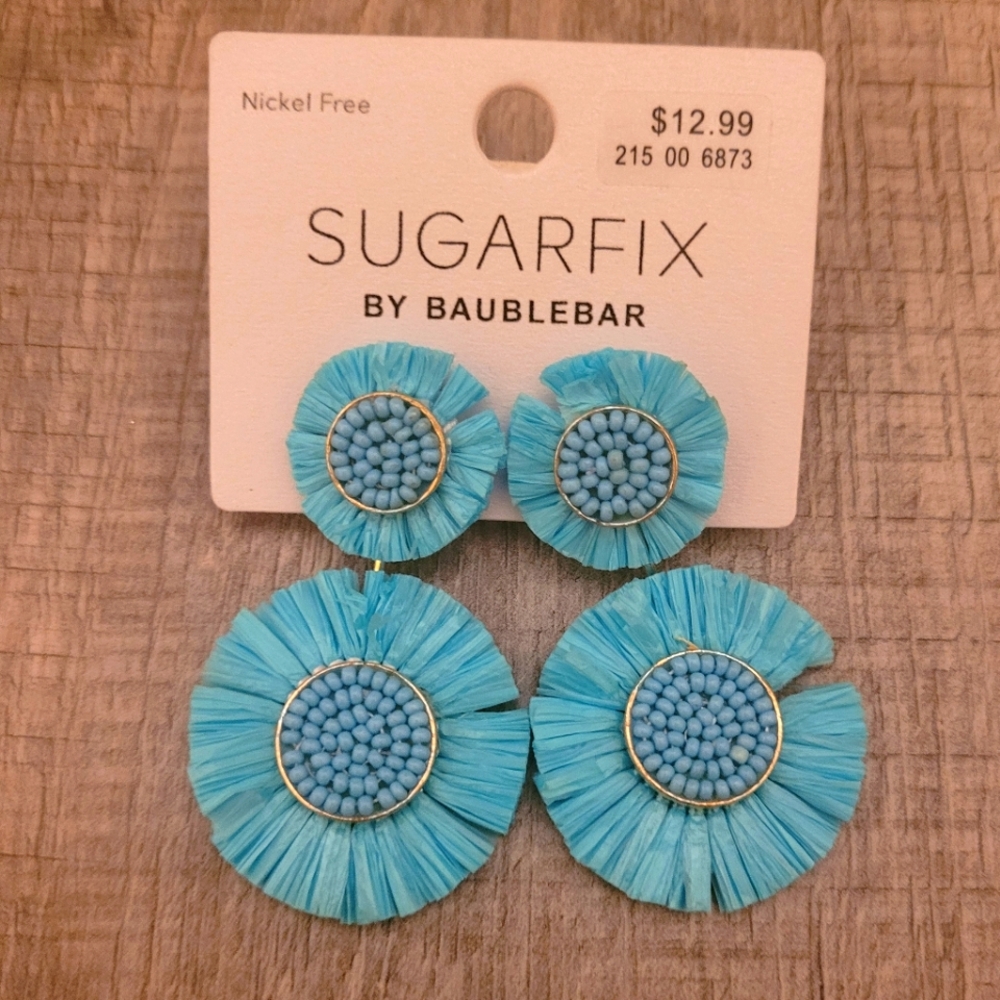 New Bright Blue / Turquoise Raffia and Beaded Drop Pendant Tiered Earrings